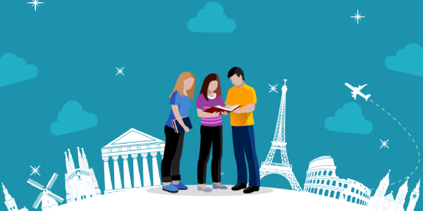 An Animated Image of Three Graduates Discussing About Their Studies In Europe.