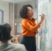 In this Image woman standing in front of a white board explains the SDLC concept.