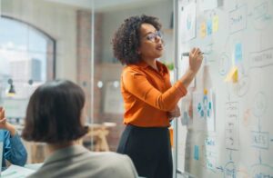 In this Image woman standing in front of a white board explains the SDLC concept.