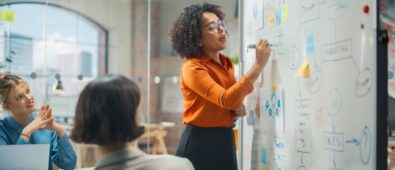 In this Image woman standing in front of a white board explains the SDLC concept.